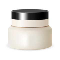Jar Cream. Whitte Cosmetic Beauty Container. Plastic Round Isolated Mockup Packaging. Makeup Product Blank. Creme or Powder Canister. 3d Bowl Template for Whitening Scrub, Butter.