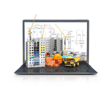 Construction site on the screen of a portable computer, skyscraper building, building materials. 3d illustration