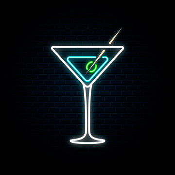 Neon martini glass with olive. Vector isolated illustration. Icon for night bar background. Led luminous sign for cocktail restaurant signboard.
