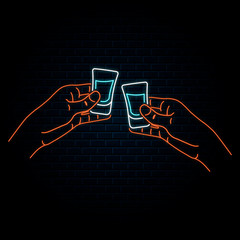 Glowing neon sign with two hands clinking vodka or tequila shots. Vector isolated illustration. Icon for night bar background. Led luminous sign for pub signboard. © Kirill