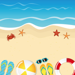 different beach utensils summer holiday background with flip flops sunglasses crab and starfish vector illustration EPS10