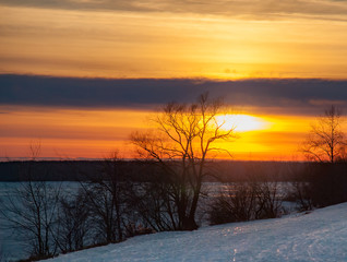Beautiful winter sunset on the Volga river