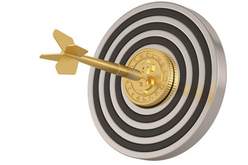 Bullseye with dart and coin over white background 3D illustration.