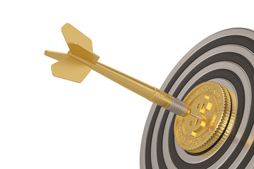 Fototapeta na wymiar Bullseye with dart and coin over white background 3D illustration.