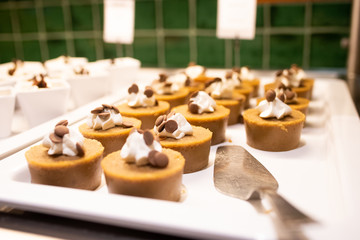Tray of portions of coffee cakes with chocolate in free buffet