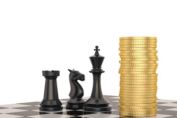 Black chess and coin stacks  isolated on white background 3D illustration.