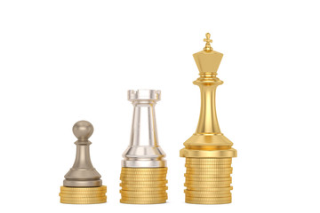 Chess and coin stacks  isolated on white background 3D illustration.