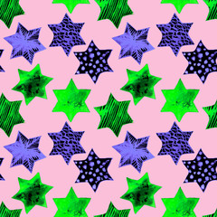 Obraz premium Seamless Watercolor Stars Pattern. Magic Festive Background. Hand Drawn Doodle Stars. Baby Design. Abstract Rapport for Wallpaper, Textile, Linen, Wrapping, Posters, Cards, Banner. New Year, Birthday 