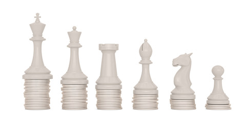 Chess and coin stacks  isolated on white background 3D illustration.