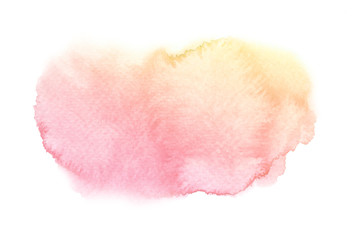 Watercolor abstract pink yellow brush stroke with stains.