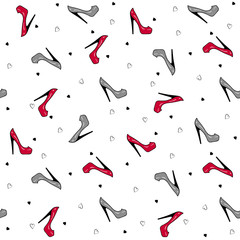 Beautiful girlish pattern with shoes and hearts. Fashionable seamless pattern for woman. Wallpaper. Vector illustration made in red, black and gray on a white background