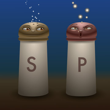 Two funny characters representing salt and pepper pots. Digital Illustration
