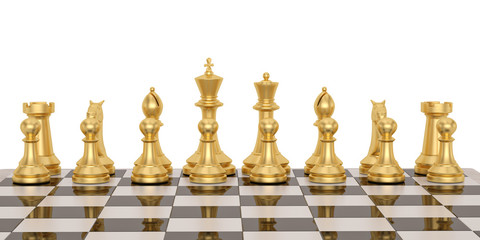 Golden chess on chessboard over white background 3D illustration.