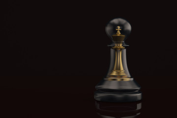 A gold king in black pawn on black background. 3D illustration.