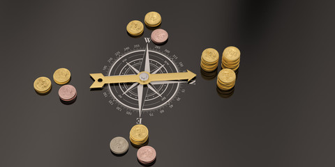 Coin stacks on black compass background. 3D illustration.