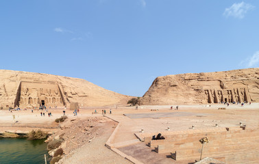 Panorama of Abu Simbel, the Great Temple of  Pharaoh Ramesses II and his queen Nefertari, Egypt