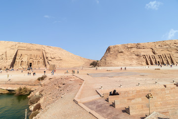 Panorama of Abu Simbel, the Great Temple of  Pharaoh Ramesses II and his queen Nefertari, Egypt