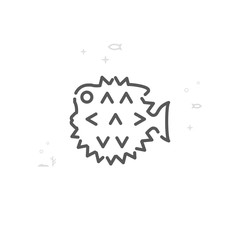 Spiny Fish, Puffer Fish Vector Line Icon, Symbol, Pictogram, Sign. Light Abstract Geometric Background. Editable Stroke