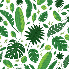 Tropical leaves vector pattern. Summer equatorial rainforest with foliage