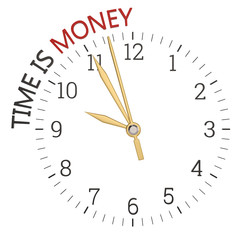 Time is money word and clock isolated on white background. 3D illustration.