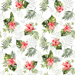Fotobehang Tropische planten Vector seamless pattern with abstract green tropical leaves of  banana, monstera and red hibiscus flowers. Summer background with exotic plants. Use in textiles, interior, wrapping paper and other.