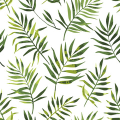 Vector seamless pattern with abstract and stylized green tropical leaves of  palm's leaves. Summer background with exotic plants. Use in textiles, interior, wrapping paper and other design.