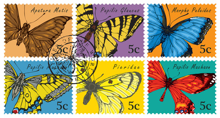 Vector set of postage stamps with different butterflies and their names on a colored background