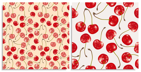 Vector set of seamless patterns with hand-drawn juicy and delicious rich red cherries, with highlights and rewrites, with a beautiful green sprig. Realistic, like paint. Double cherry branch