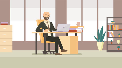 Fototapeta premium Businessman character in office interior. Vector illustration in flat style