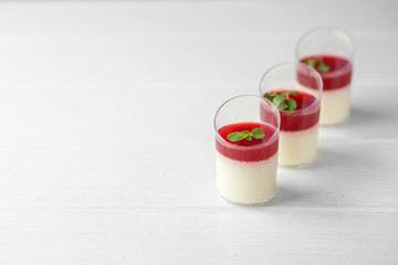 Sweet fruit dessert in cups. Copy space. Concept of food, desserts and party.