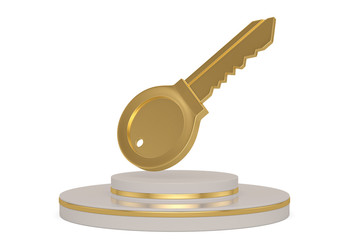 Golden key symbol and stand isolated on white background. 3D illustration.