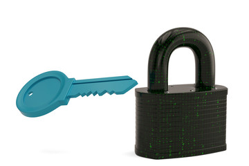 Digital key and lock isolated on white background. 3D illustration.