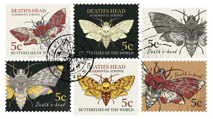 Vector set of postage stamps with moth Acherontia atropos in retro style. Butterfly Dead head with skull-shaped pattern on the thorax