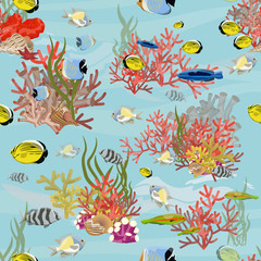 Naklejka na ściany i meble Seamless pattern. Tropical fish, corals, algae and starfish. Realistic Vector illustration