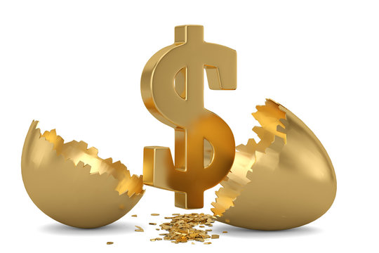 Dollar sign and break gold egg. 3D illustration.