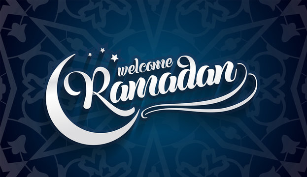 Welcoming Ramadan greeting card on eastern oriental blue background