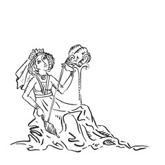 Medieval art princess or queen spins yarn with spindle