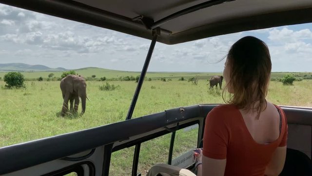 Woman on a safari trip in Masai Mara spotting elephants