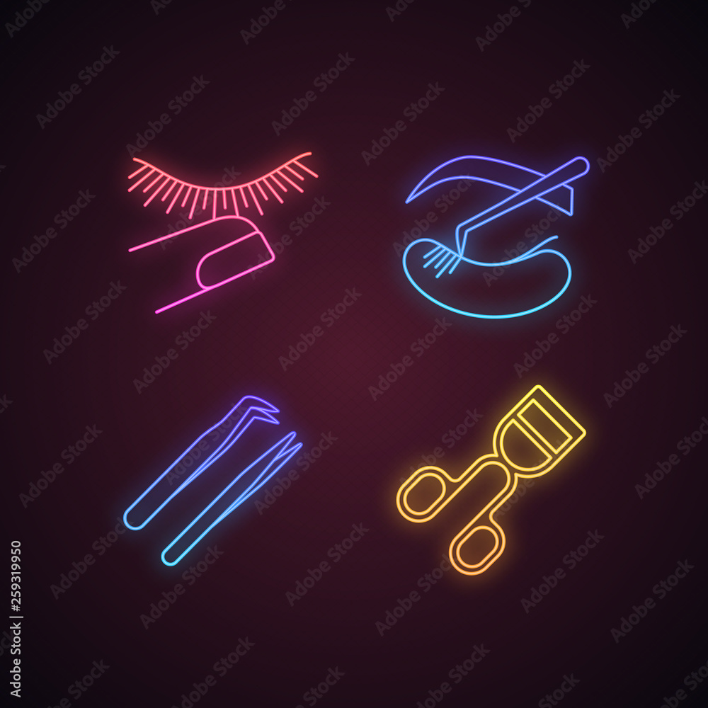 Poster eyelash extension neon light icons set