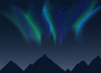 Vector northern lights illustration of night lanscape with mountains