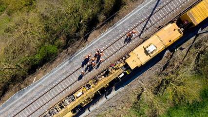 Aerial view of workers on a railway construction site, France