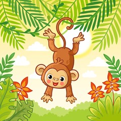 Monkey jumping on the trees. Cute animal in a cartoon style.