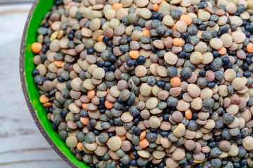 Colorful mix of lentils legumes ready for cooking, tasty vegetarian food commonly used in South Asian cuisine