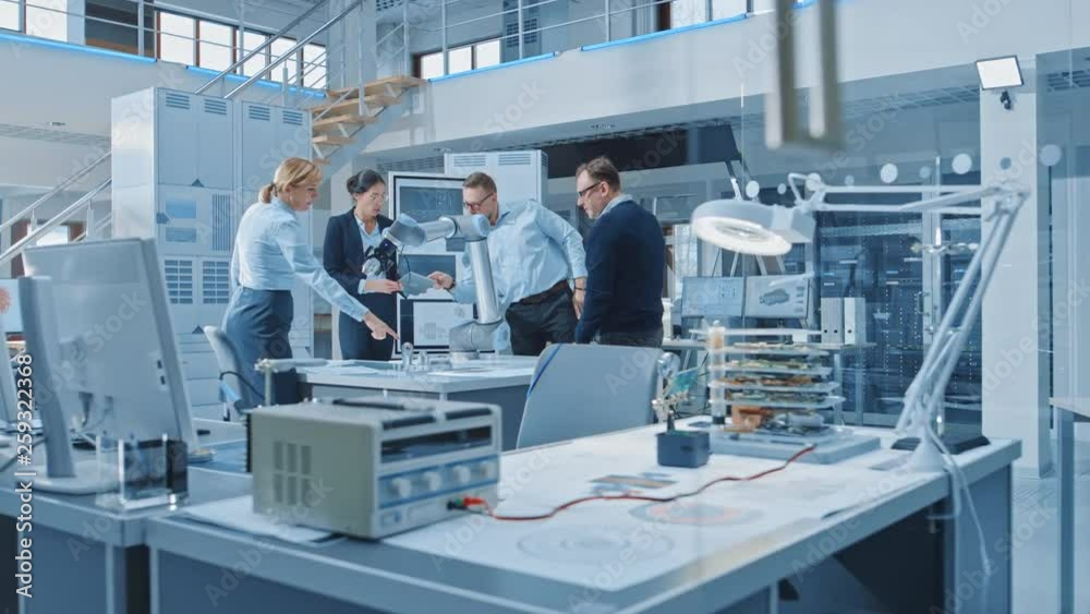 Leinwandbilder Diverse Team of Industrial Robotics Design Engineers Gathered Around Table with Modern Moving Robot Arm. Specialists Talking, Programming and Manipulating Robot Hand. Bright High Tech Facility
