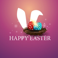 Happy Easter, logo with rabbit ears and Easter eggs in the nest