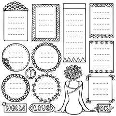 Set of black doodle frames for bullet journal, notebook, diary and planner isolated on white background.