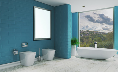 Bathroom in turquoise tones. Room with large windows. Modern design.. 3D rendering.Blank paintings.  Mockup.