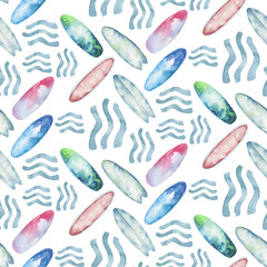 Fototapeta premium Watercolor style seamless surfing pattern of surf man and woman surfers silhouettes with surfboard wave background. Ocean surfing summer design