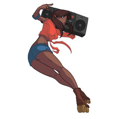 Hot black girl is riding on roller skates with a boombox on her shoulder