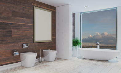 Fototapeta na wymiar Bathroom with a large window in brown tones. Modern design.. 3D rendering.Blank paintings. Mockup.